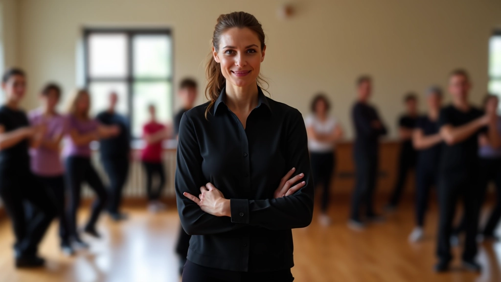 Instructor demonstrating dance steps in front of a class of mature students in a bright studio