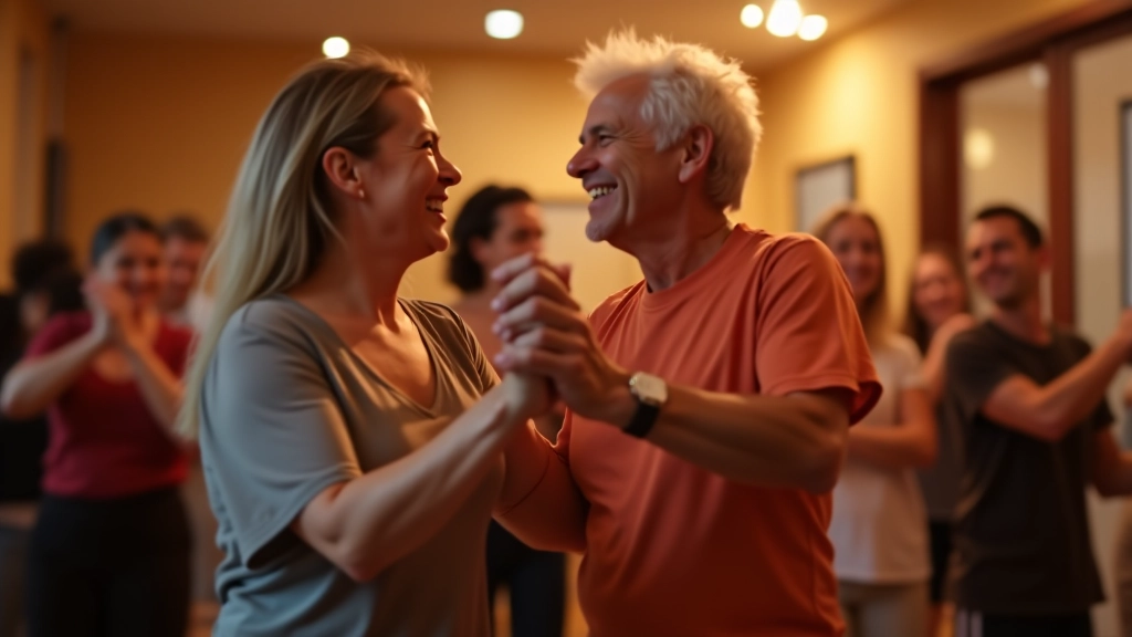 Group of mature adults enjoying salsa dancing together in a welcoming dance studio environment